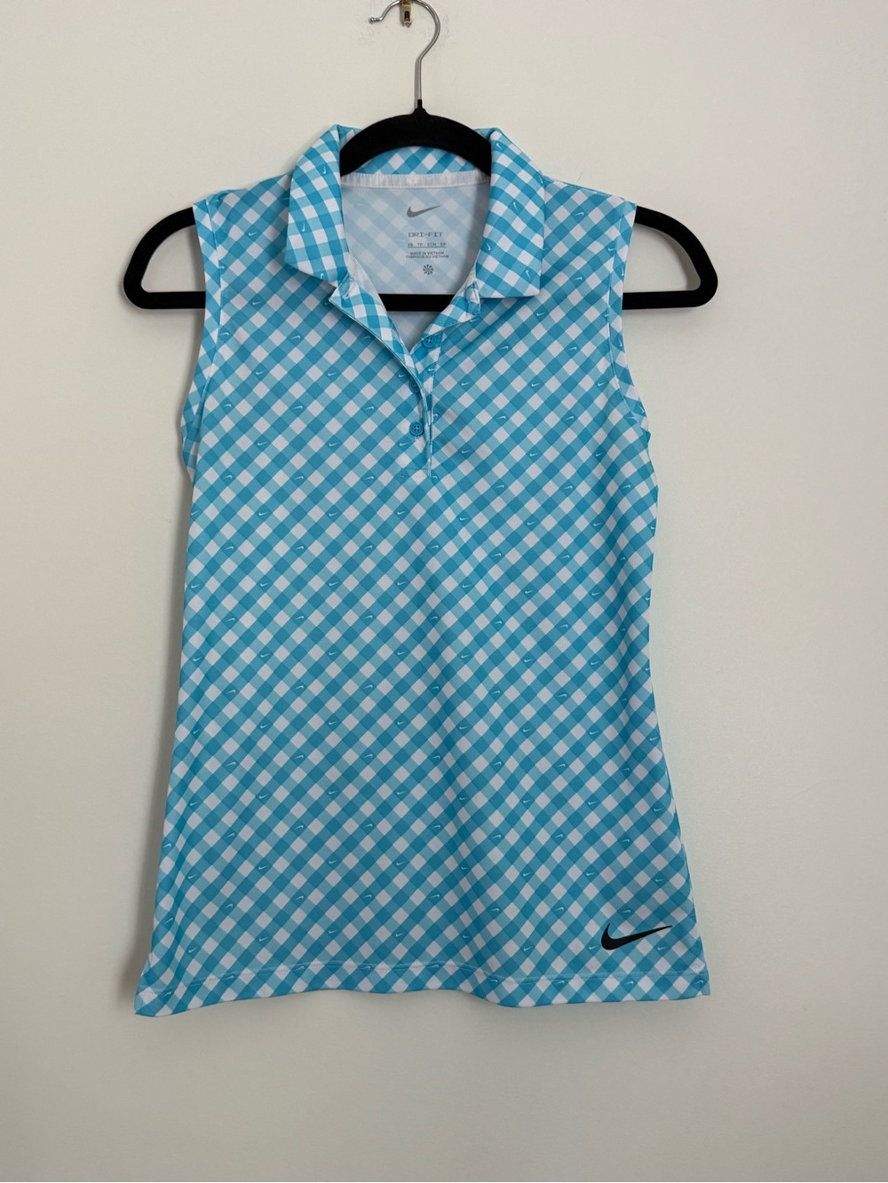Nike Dri-FIT Victory Sleeveless Golf Polo Blue Gingham Top XS